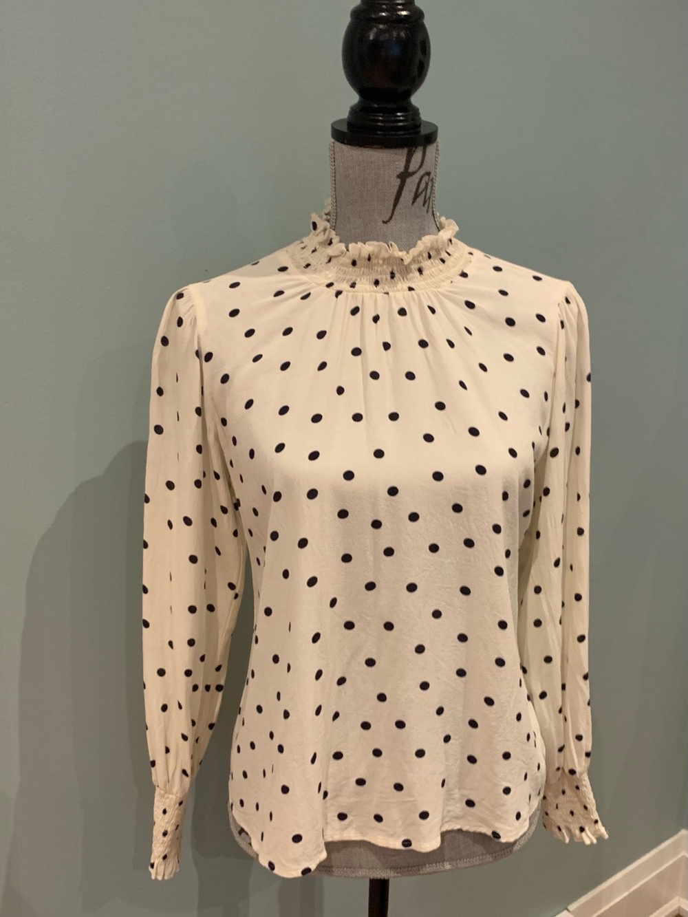 Cream Polka Dot Long-Sleeve Ruffle Neck Blouse